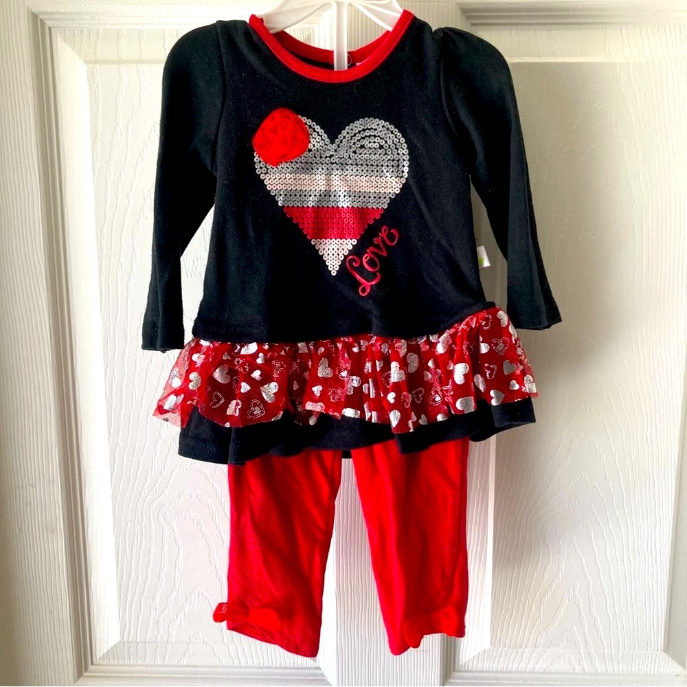Duck Duck Goose 2 Piece Outfit Shirt & Pants Size 6-9 Months Red Black Silver